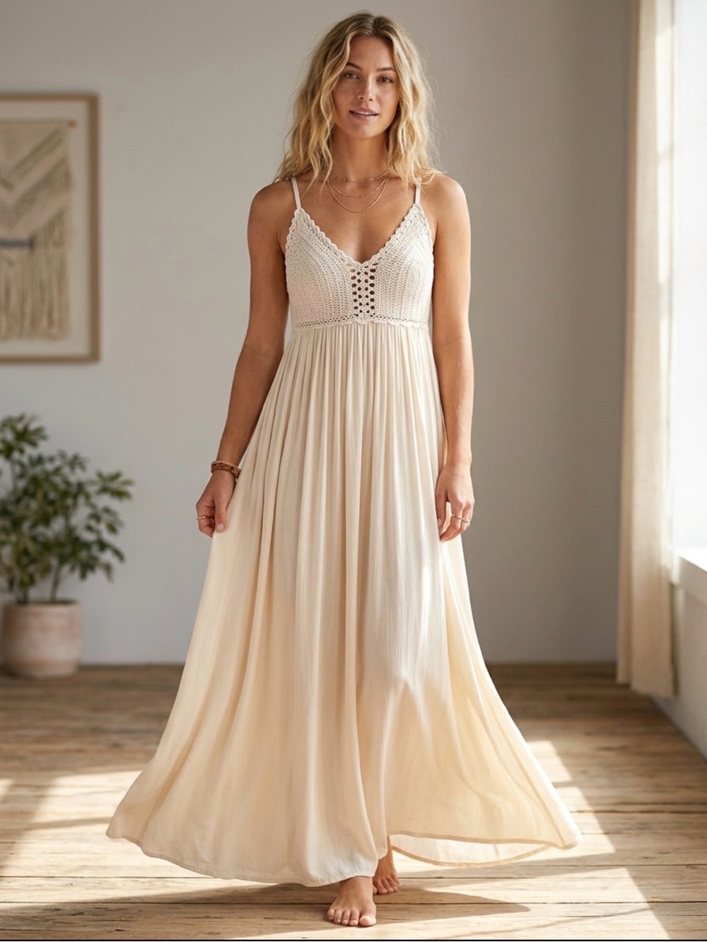 Lulus Cream XS crochet top with flowy bottom maxi dress fairy boho coquette